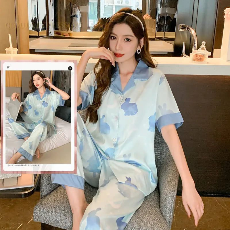 Spring Summer Ladies Faux Silk Polyester Pajama Sets Sexy Homewear Women's Casual Luxury Pajamas Thin Pajamas Female Sleepwear