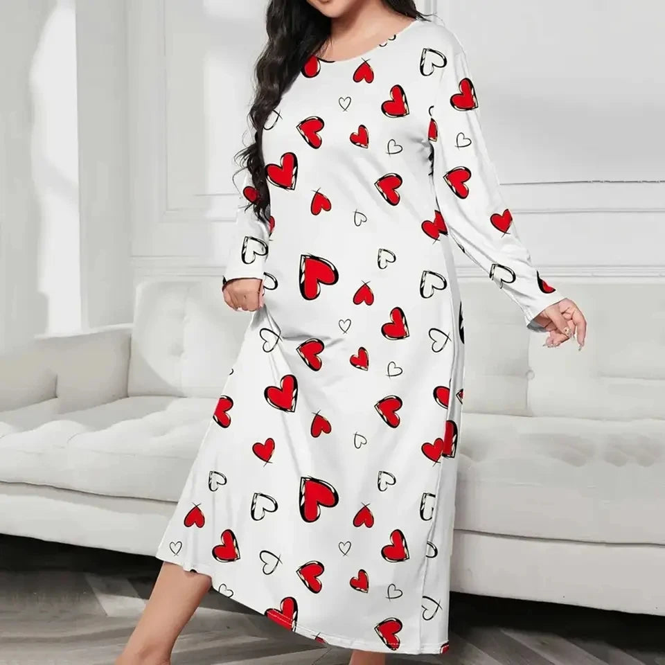 Elegant Fashion Women Long Sleeve Sleepwear Long Dresses Loose Clothes Plus Size Women's Butterfly Heart Print Sleepwear Dress
