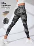 Black Gray Tie Dye Yoga Leggings Fake Denim Print High Waist Butt Lifting Quick Dry Gym Pants