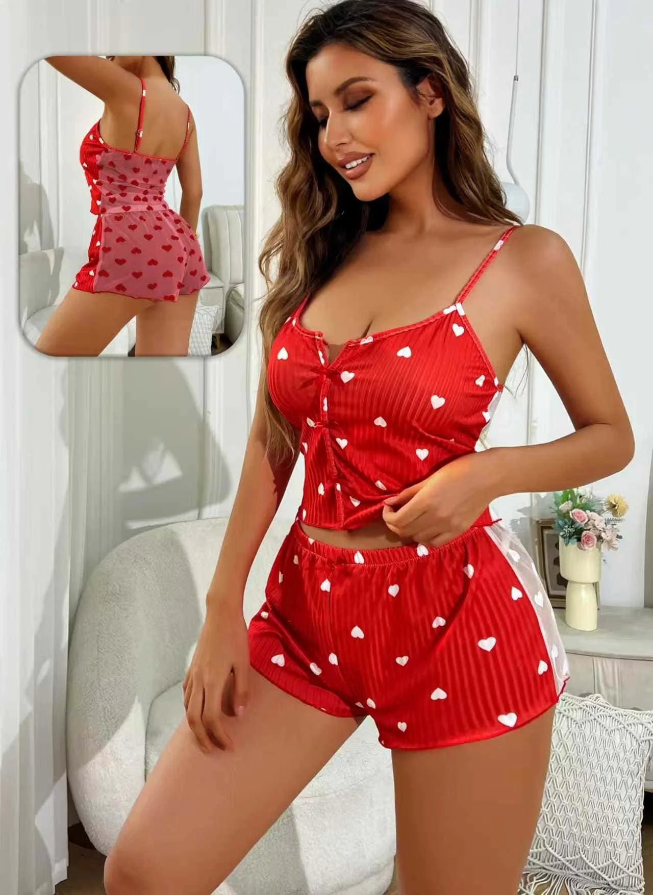 Women's 2-Piece Pajamas Set Sheer Mesh Loungewear Heart Print Cami Top shorts Sleepwear White Ventilate comfortable homewear