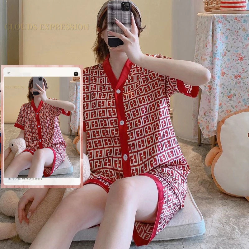 Spring Summer Ladies Faux Silk Polyester Pajama Sets Sexy Homewear Women's Casual Luxury Pajamas Thin Pajamas Female Sleepwear