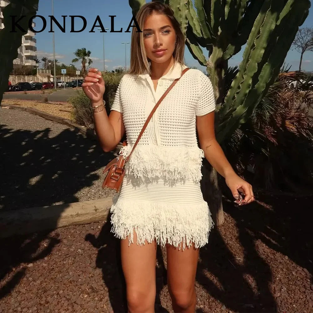 KONDALA 2026 Spring Summer Elegant Knitted Tassel Solid Women Suit Turndown Collar Hollow Out Shirt Elastic Wasit Mini Skirt