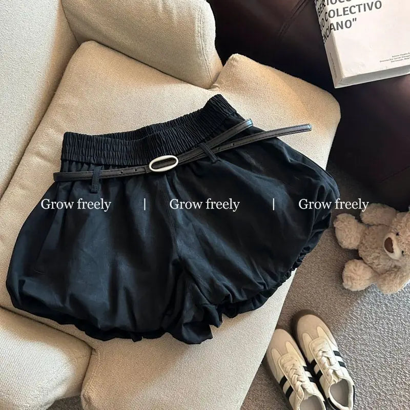 Women High Waist Casual Summer 2025 Elastic Waist Shorts Korean Style Blooming Skirt Pants with Belt