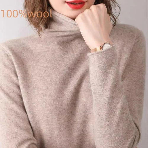 100% Wool Fold Neck Sweater Women's AutumnWinter High Neck Long Sleeved Solid Color Warm Pullover Sweater Knitted Jumper Top