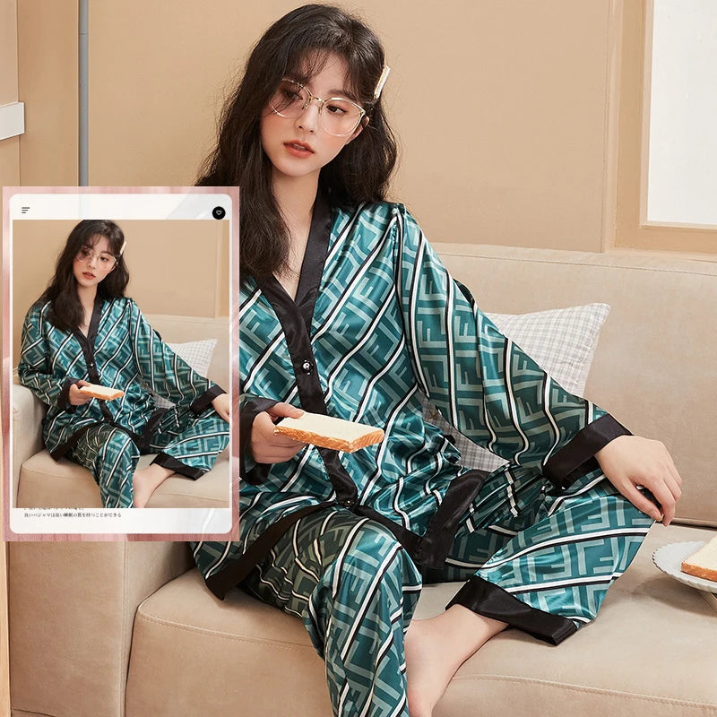 Spring Summer Ladies Faux Silk Polyester Pajama Sets Sexy Homewear Women's Casual Luxury Pajamas Thin Pajamas Female Sleepwear