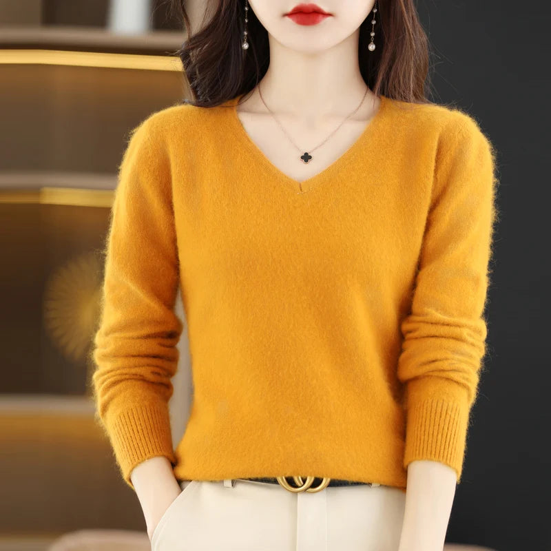 Autumn and Winter New Women's Sweater 100% Mink Cashmere Women's V-neck Pullover Casual Knitting Basic Fashion Large Top