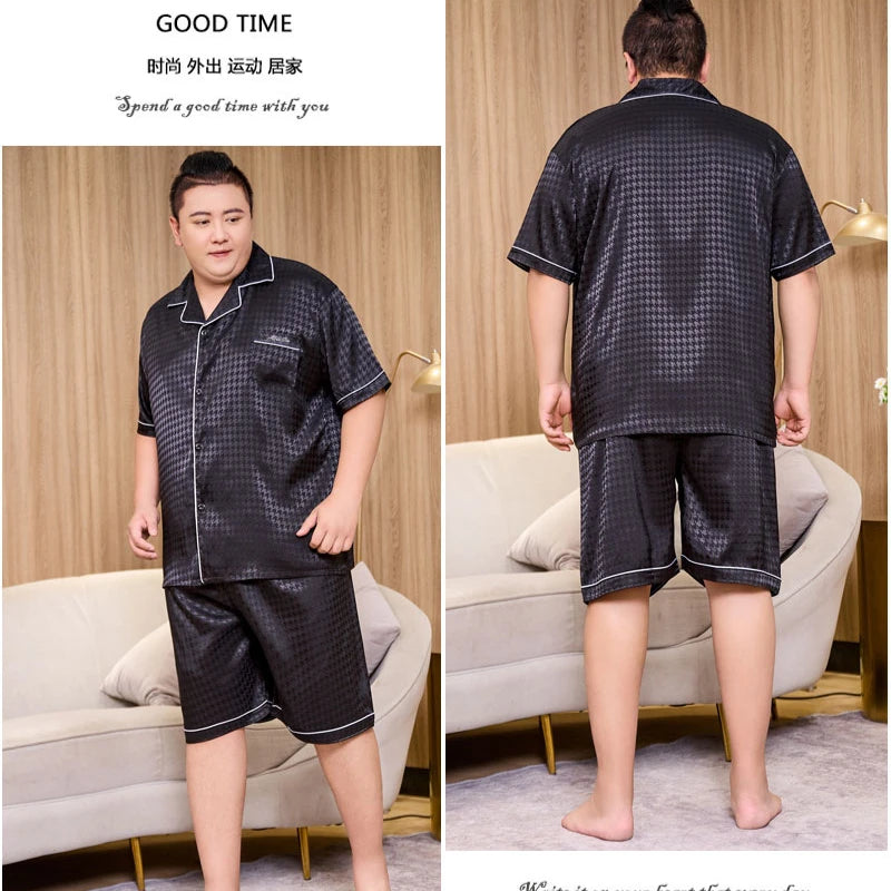 5XL Plus Size Pajamas for Men 150KG Summer Satin Sliky Sleepwear Short Sleeve Shorts 2PCS Set Loose Luxury Plaid Home Clothes