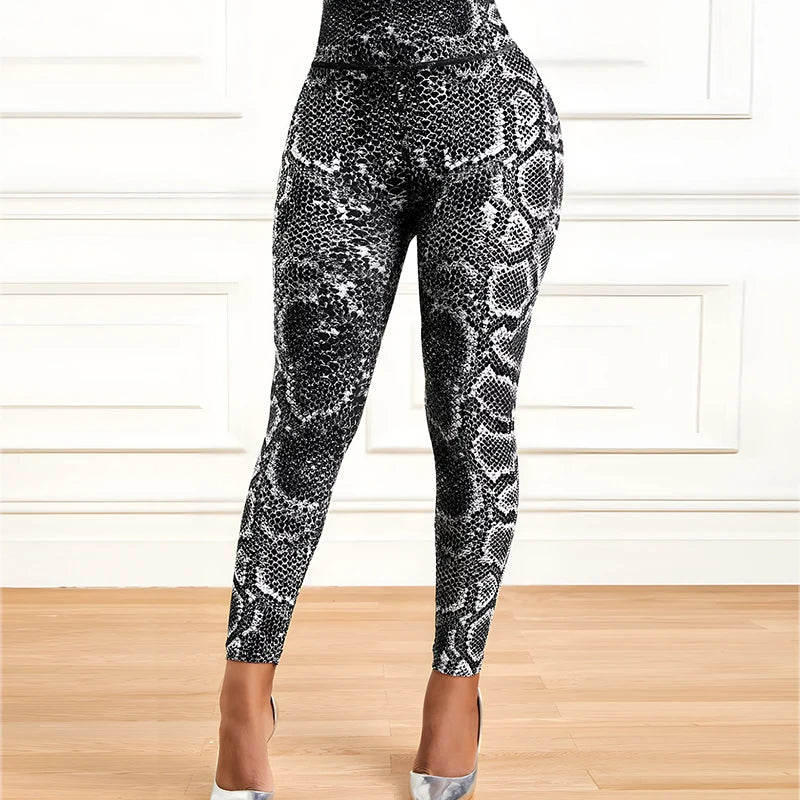 High-Waisted High-Elastic Yoga Leggings with Snake Print for Fitness Running And Daily Wear Slimming Long Pants
