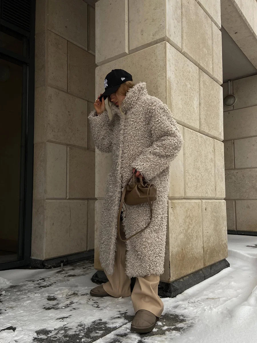 Gray Wool Faux Fur Shearling Long Coat for Women Winter 2025 Winter Fashion Trendy Teddy Maxi Coat Monki Curly Clean Fit Outwear