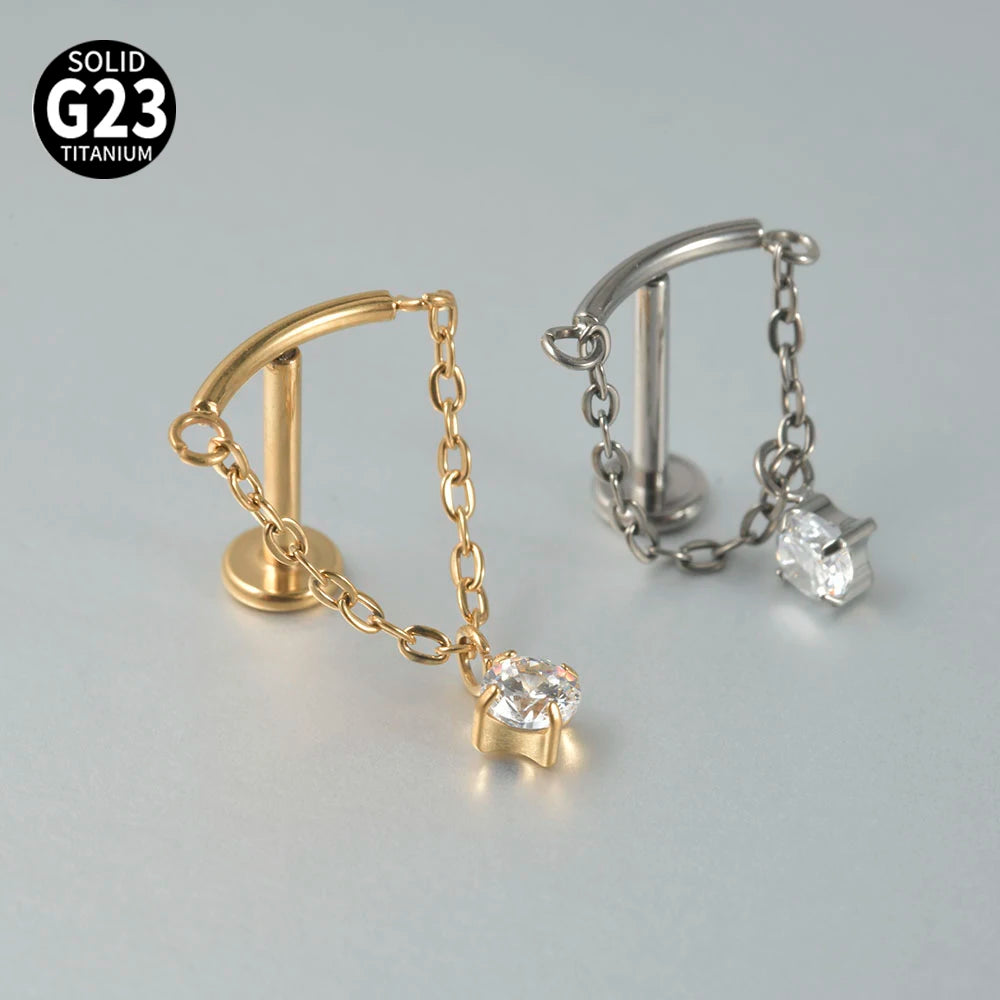 Dreamlee G23 Solid Titanium Chain Dangling Rook Helix Stud Inner Screw Flat Back Tragus Cartilage Earring Lobe Labret Piercing