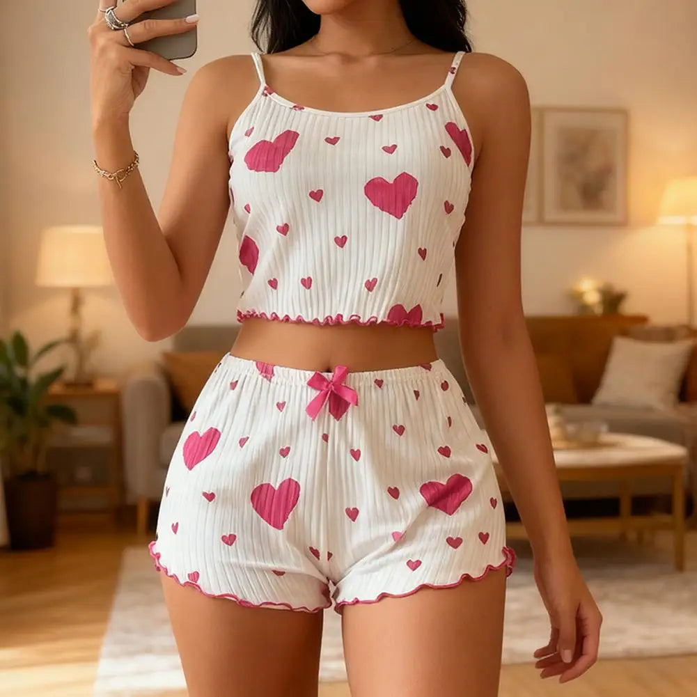 Women's Pajamas Set Sleepwear 2 PCS Short Tank Tops And Shorts S M L White Ventilate Soft Casual Heart Printing ﻿