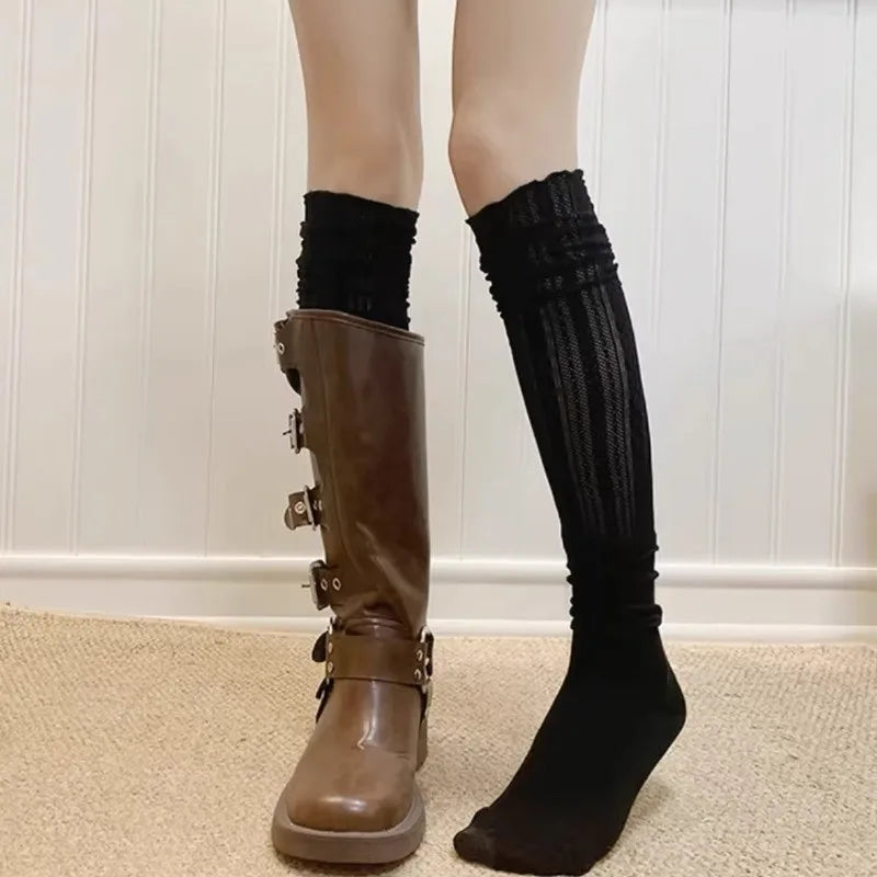 Ballet Stamped Foot Pile-up Leg Covers Women Summer Thin Twisted Mesh Breathable Ruffle Leg Warmers Paired with Knee-High Boots