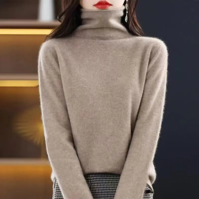 100% Wool Fold Neck Sweater Women's AutumnWinter High Neck Long Sleeved Solid Color Warm Pullover Sweater Knitted Jumper Top