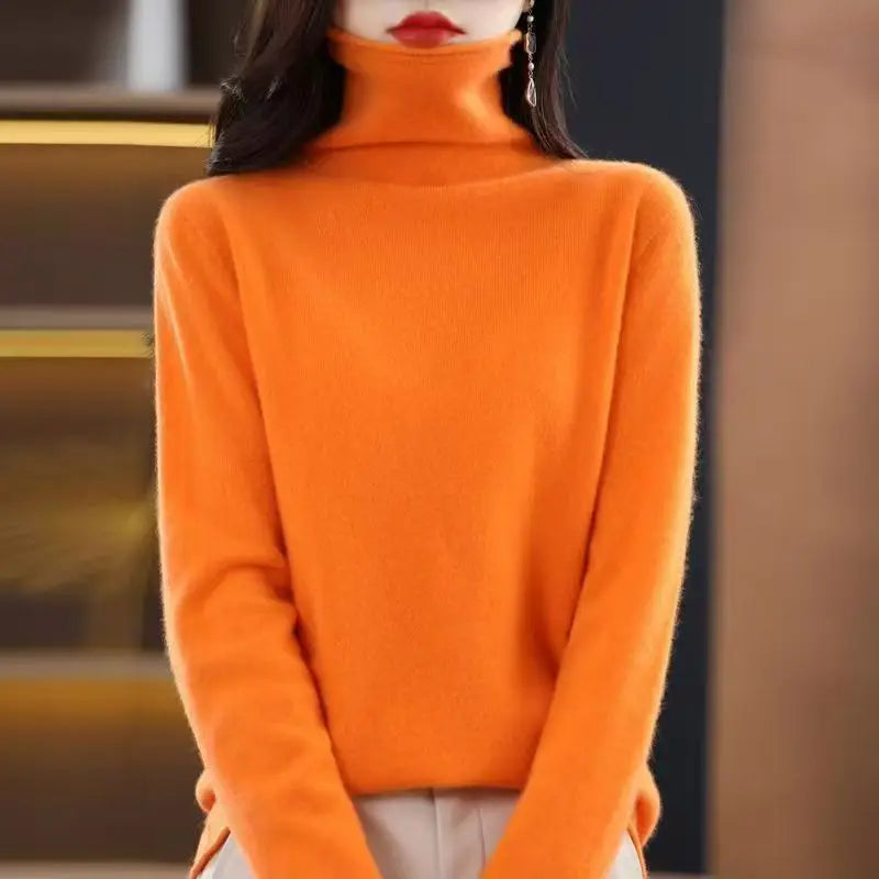 100% Wool Fold Neck Sweater Women's AutumnWinter High Neck Long Sleeved Solid Color Warm Pullover Sweater Knitted Jumper Top