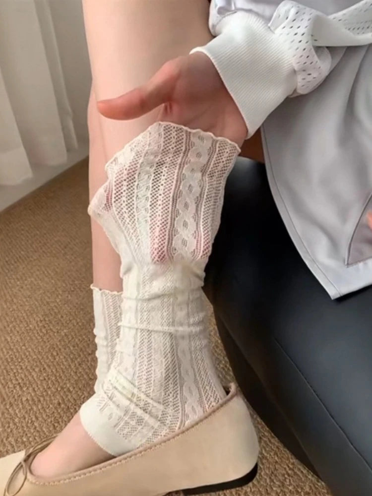 Ballet Stamped Foot Pile-up Leg Covers Women Summer Thin Twisted Mesh Breathable Ruffle Leg Warmers Paired with Knee-High Boots