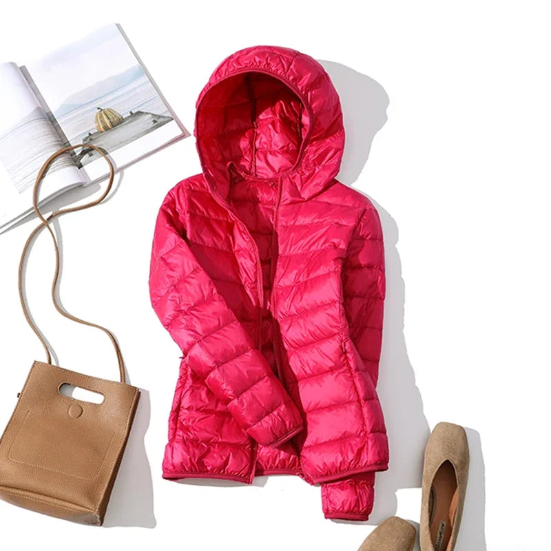 Women's Fashion Hooded Short Puffer Jackets 2025 New Spring Winter 90% White Duck Down Lightweight Packable female Warm Parka