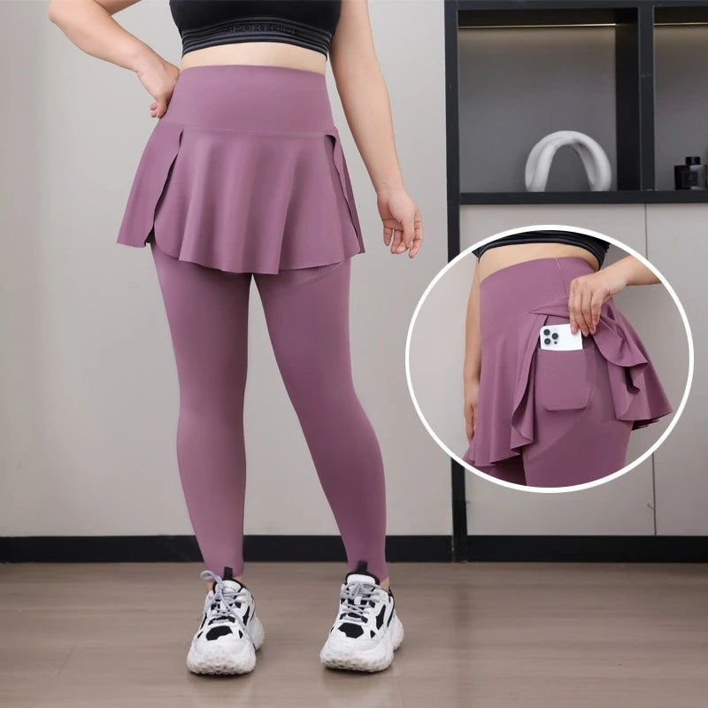 Plus Size Fit 200lbs Yoga Fake Two Items Leggings with Pockets Sharkskin High-Waisted Skirt Pants Gym  Trainning Slim Tights