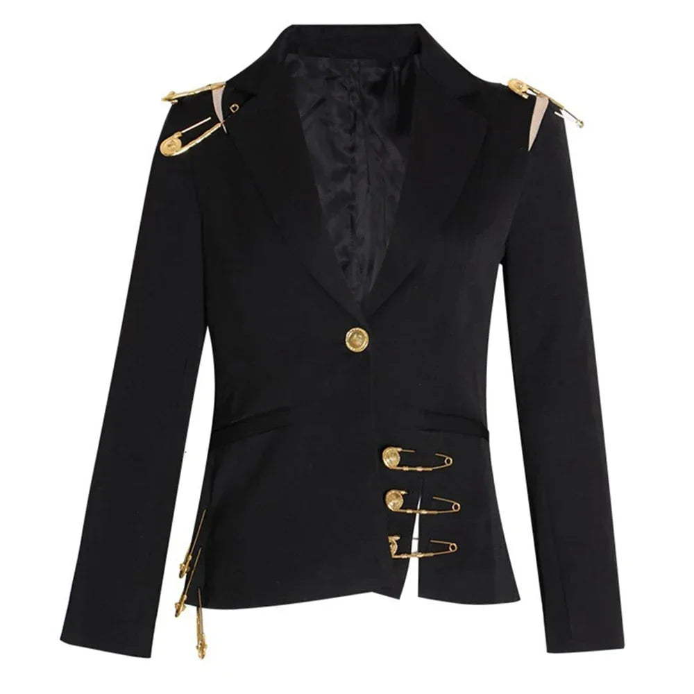 VGH Chic Spliced Metal Pin Slimming Blazer for Women Notched Collar Long Sleeve Patchwork Mesh Hollow Out Fashion Jacket Female