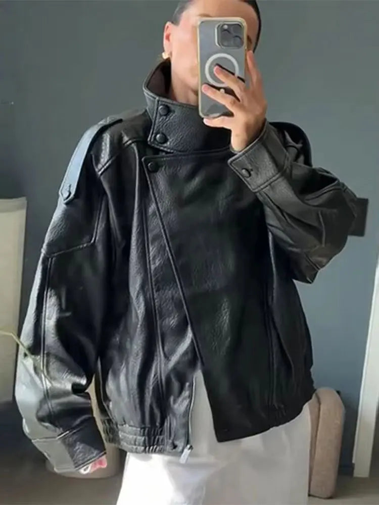 HH Autumn Faux Leather Jacket For Women Casual Solid Long Sleeve Zipper Pu Leather Coats New Fashion Female Streetwear