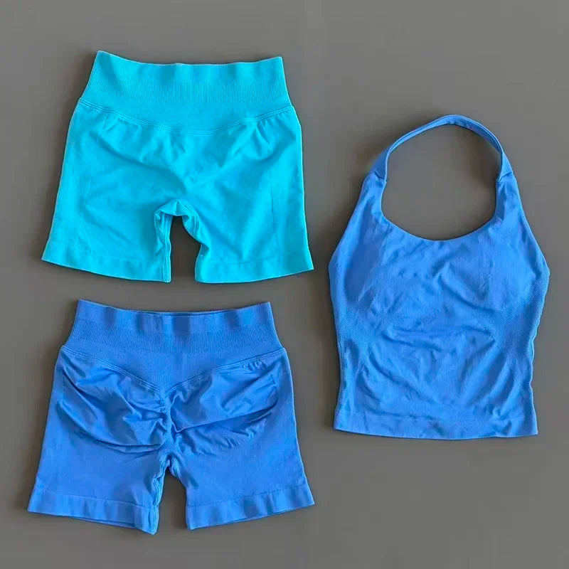 2 Pcs HISTELLO Halter Top Strappy Bra Shorts Set Women Yoga Workout Clothes Seamless Vest Hip-Lifting Sports Leggings Gym Suit