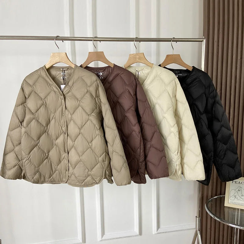Janveny 2025 New Autumn Winter Ultra Light Collarless Soft Puffer Jacket Women Casual Loose Single Breasted 90% Duck Down Coat