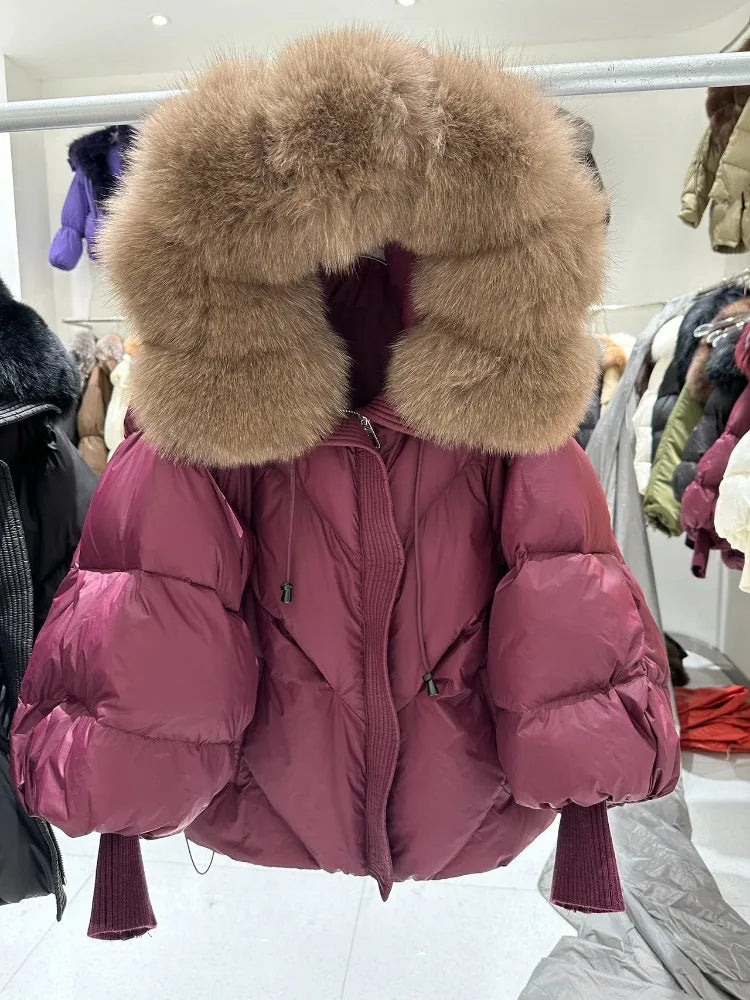 Lagabogy 2025 New Winter Large Real Fur Hooded Puffer Jacket Women White Duck Down Mid Long Parka Thick Warm Knitted Sleeve Coat