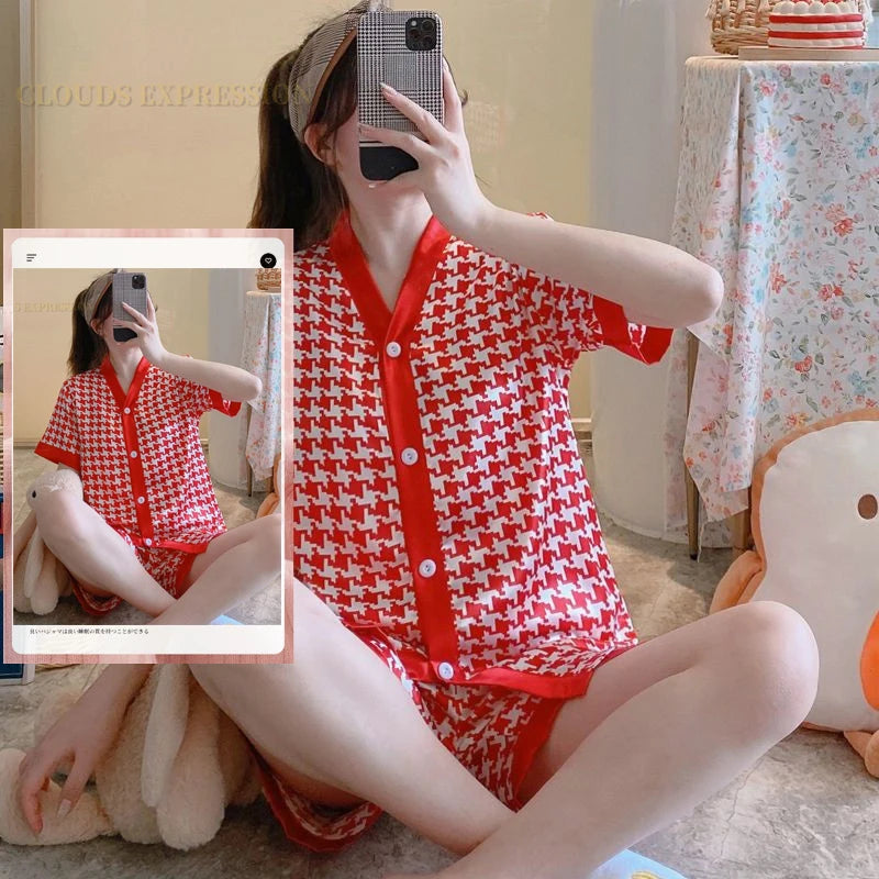 Spring Summer Ladies Faux Silk Polyester Pajama Sets Sexy Homewear Women's Casual Luxury Pajamas Thin Pajamas Female Sleepwear