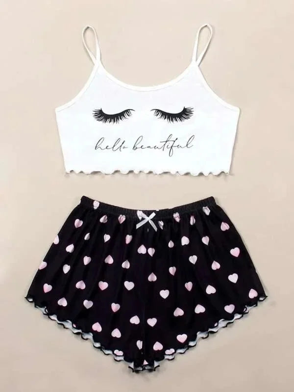 Comfortable Thin Knitted Vest Strap Home Sleepwear Set for Women Summer Season Print Pattern Home Leisure Women's Nightgown