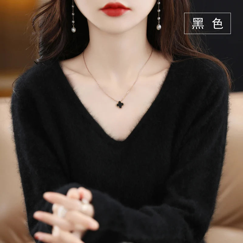 Autumn and Winter New Women's Sweater 100% Mink Cashmere Women's V-neck Pullover Casual Knitting Basic Fashion Large Top