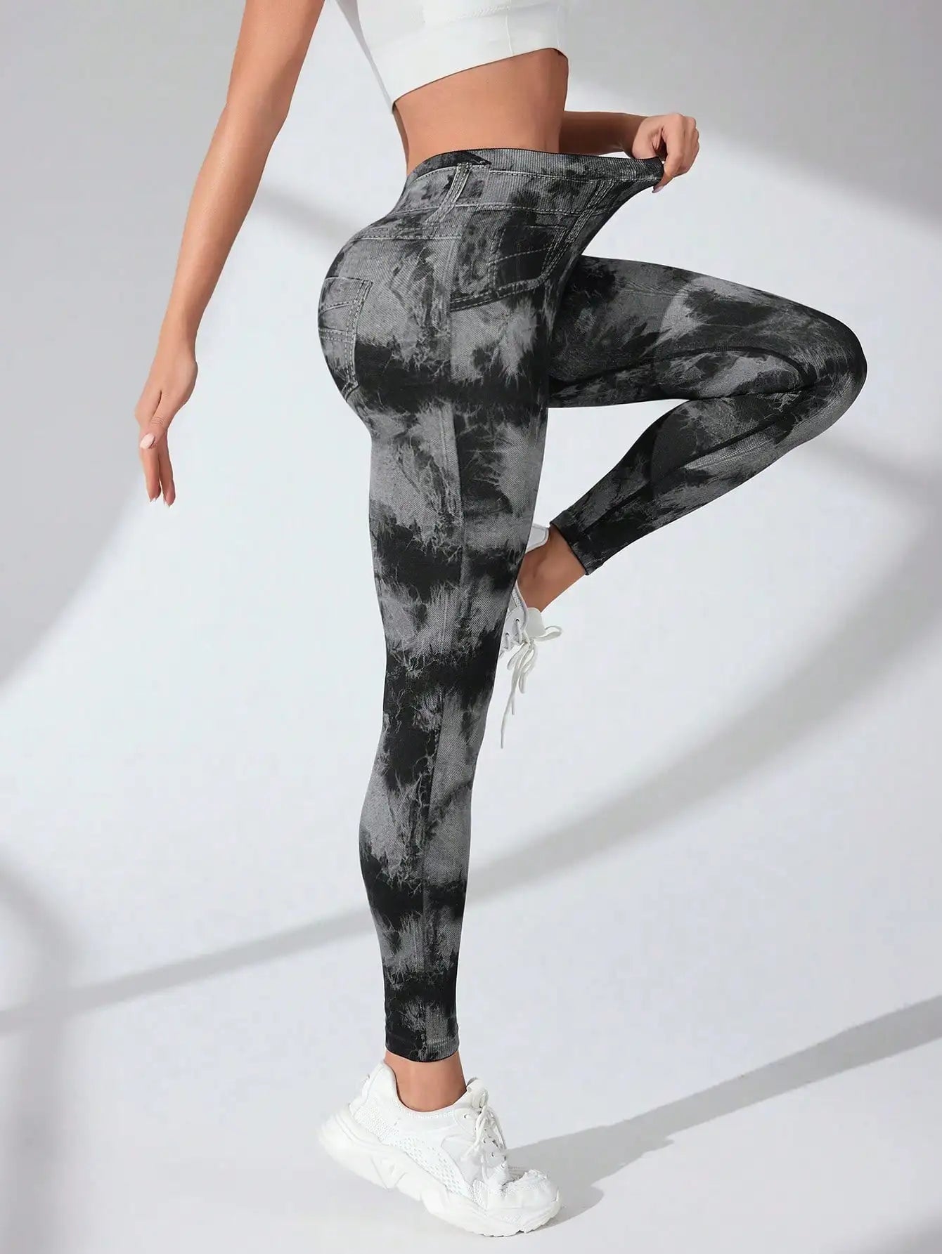 Tie Dye Imitation Denim Leggings Women High Waist Seamless Yoga Pants Quick Drying Push Up Peach Hip Fitness Workout Tights Gym