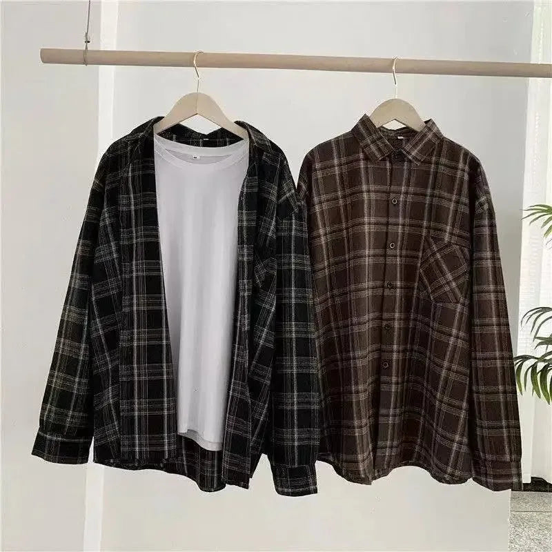 Vintage Plaid Shirts Women Autumn Long Sleeve Oversize Button Up Shirt Korean Fashion Casual Fall Outwear Tops Blusas Mujer