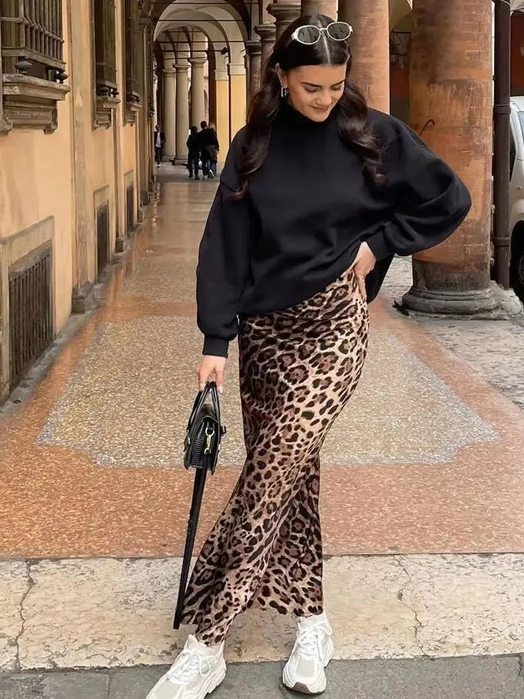 HH Women Fashion Leopard Print Skirt Vintage High Waist Midi Skirts Elegant Women Summer Casual Streetwear Skirt