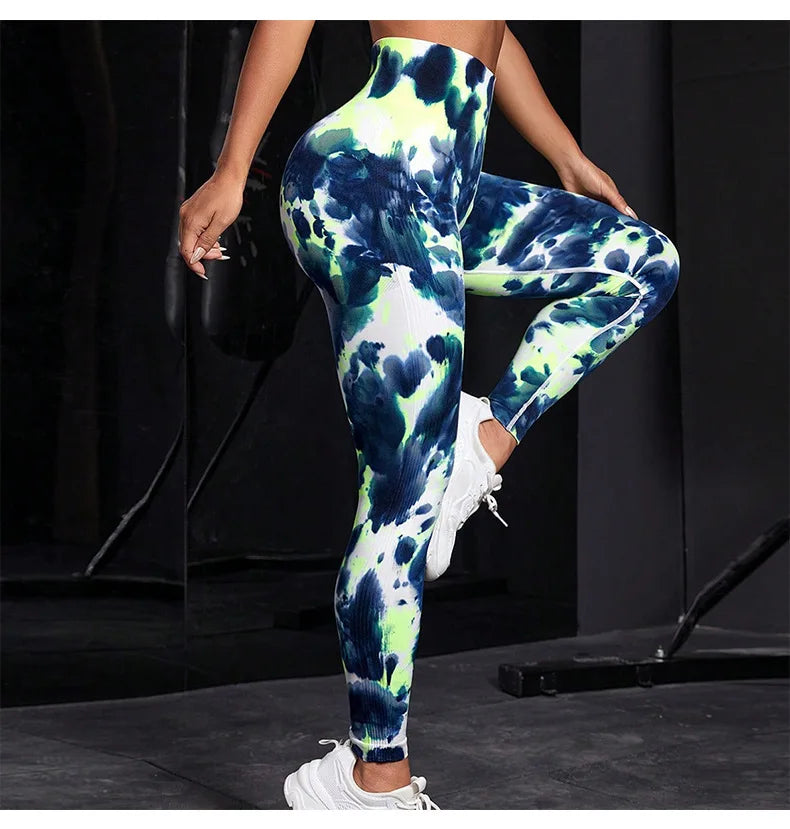 Women Seamless Tie Dye Leggings High Waist Tight Suit Honey Peach Hip Training Yoga Pants Sports Running Fitness Leggings