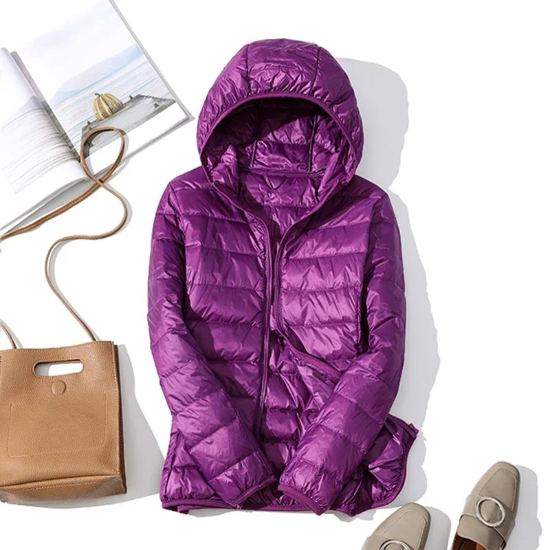 Women's Fashion Hooded Short Puffer Jackets 2025 New Spring Winter 90% White Duck Down Lightweight Packable female Warm Parka