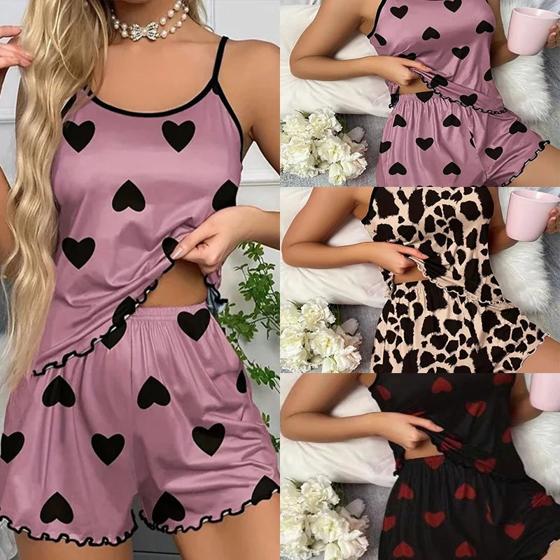 Women's Pajama Set Pajamas T-Shirts Shorts Pink Heart-Shaped Print Round Neck T-Shirt Ice Silk Top Comfortable Casual Summer
