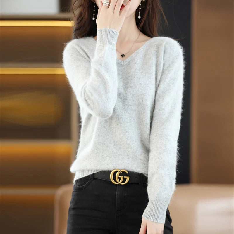 Autumn and Winter New Women's Sweater 100% Mink Cashmere Women's V-neck Pullover Casual Knitting Basic Fashion Large Top