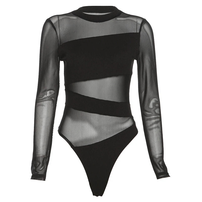 Spring Summer New Fashion Cut Cross Hollow Mesh Jumpsuit Long-Sleeved Thin O Neck Diagonal Black Charming Bodysuit Clubwear