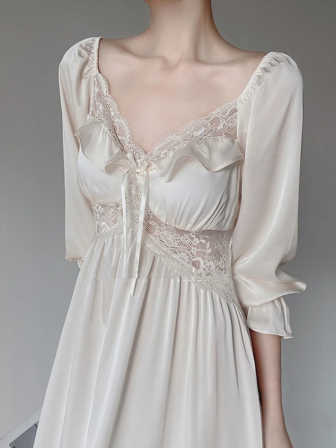 French Elegant Lace Pajamas Nightdress Vintage Spring Summer Long Fashion Sleepwear NightgownNight Wears For Women