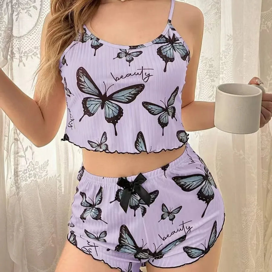 1 Set Sleepwear Women Pajamas Set Heart Print Soft Ribbed Fabric with Flirty Frill Trim Casual Cami Top and Short Set Loungewear