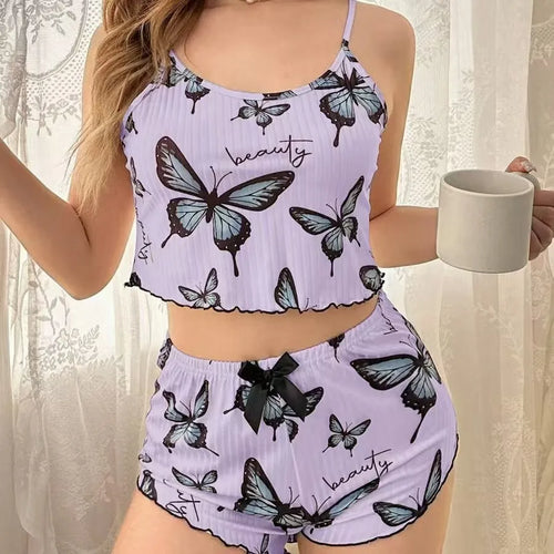 1 Set Sleepwear Women Pajamas Set Heart Print Soft Ribbed Fabric with Flirty Frill Trim Casual Cami Top and Short Set Loungewear