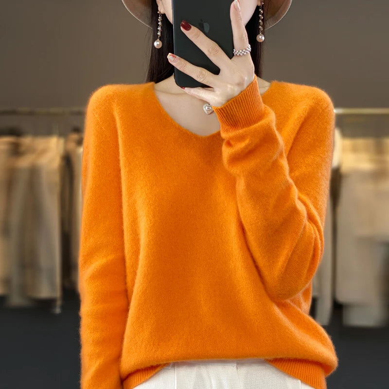 New Autumn And Winter Fashion First-Line Sweater 100% Pure Wool Women's V-Neck Pullover Knitted Base DMR201
