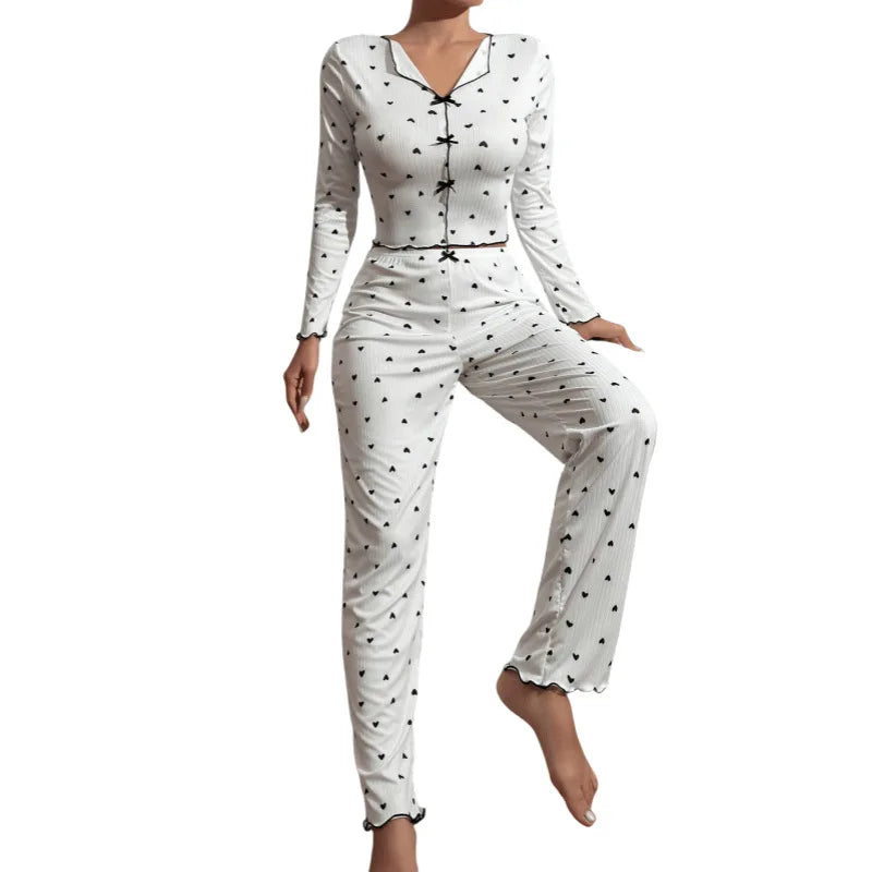 2 Piece Sets Women Pajamas Suit Top Pants Ensemble Sleepwear Heart Print Bow Loungewear Female Autumn Outfits Nightwear 2025