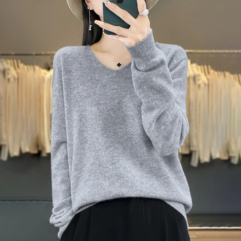 New Women's V-neck First-line Ready-To-Wear Sweater Long Sleeve Jumper Loose Fashion Comfortable Solid Color SweaterZD