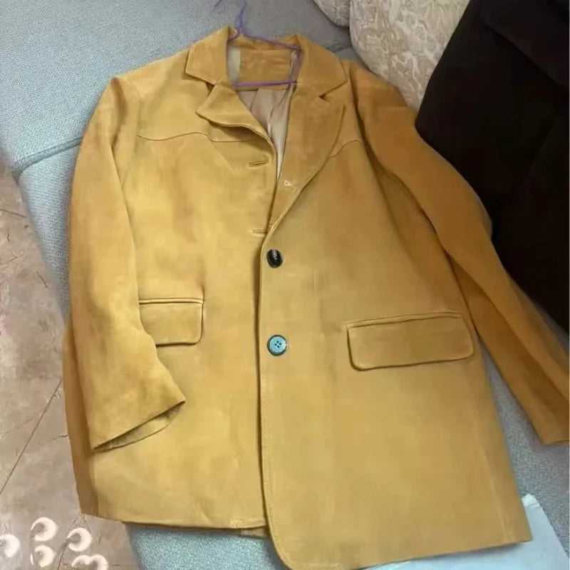 Vintage Brown Kid Suede Jacket for Women 2026 New High Sense Loose Oversized Leather Suit Blazer Female Casual Coat Streetwear