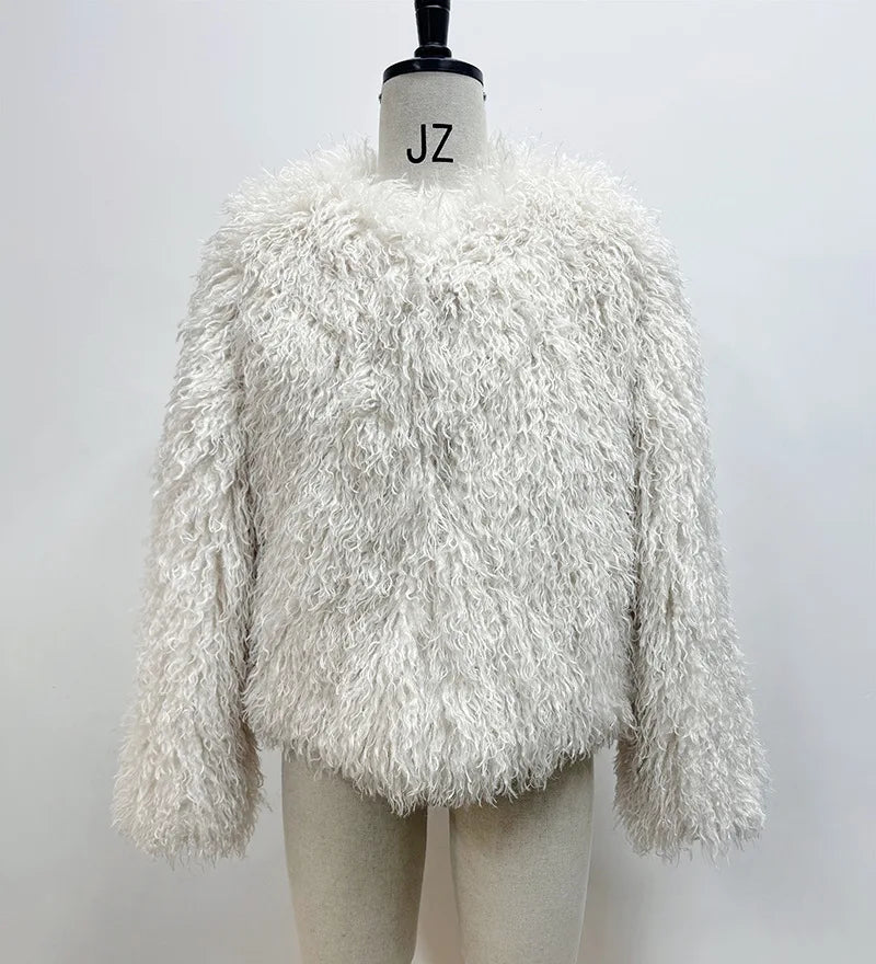 DEAT Fashion Brown Faux Fur Coat Women's Round Neck Loose Long Sleeves Thick Plush Short Jacket Winter New 7A1041