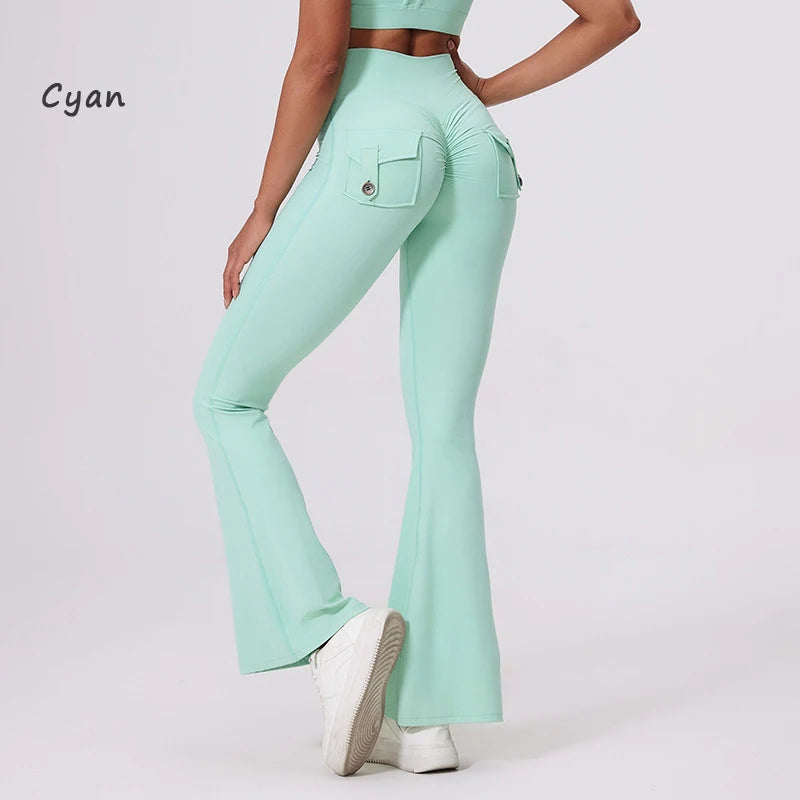 DIAS FIT JOY Women's pocket bell bottoms yoga high waisted hip lifting fitness pants quick drying running exercise fitness gym