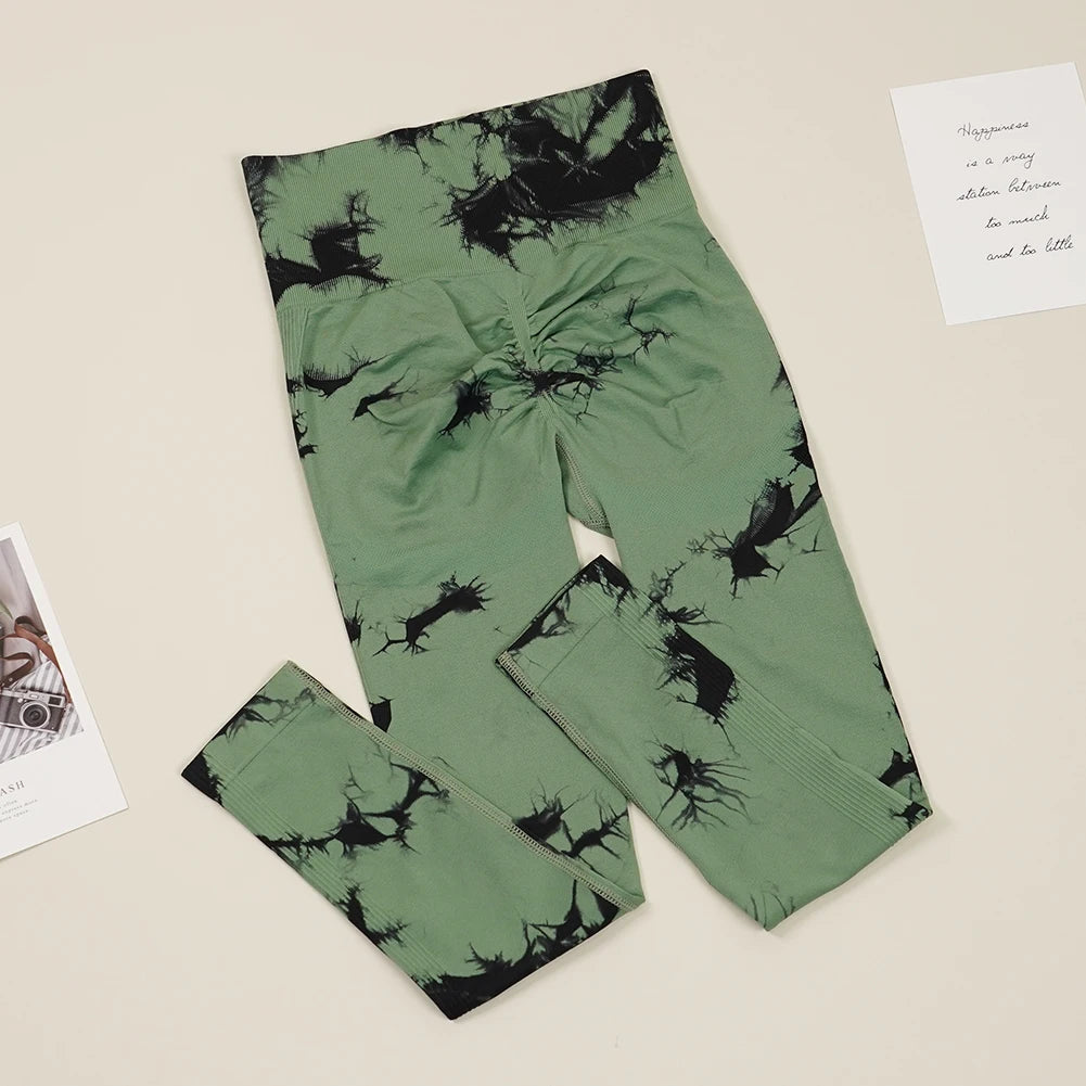 VEQKING Seamless Tie Dye Women Yoga Pants High Waist Sports Leggings Elastic Quick Dry Gym Fitness Pants Tight Workout Trousers
