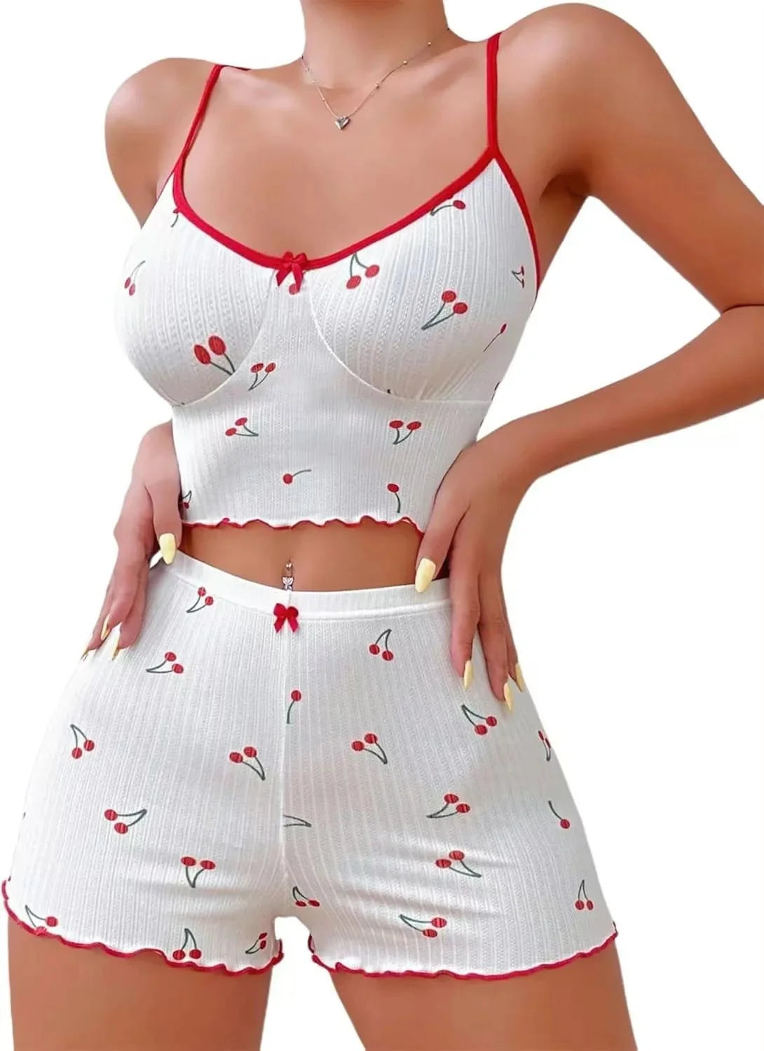 New Pure Desire Sleepwear Cherry Print Design Sweet Strap Shorts Women's Home Set Summer Season No Sleeve Comfortable Material