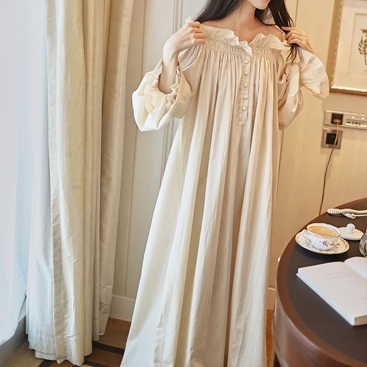 French fairy retro long nightgown 100% cotton court style temperament loose sleepwear evening gown women's long skirt