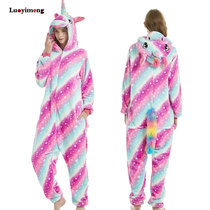 Adults Animal Onesies Unicorn Pajamas Couple Sleepwear Women Men Winter Unisex Kigurumi Costumes Cartoon Flannel Rabbit Pajamas